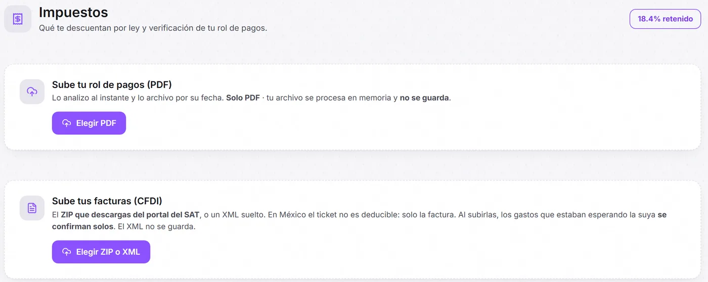 Pantalla de impuestos de Monetia: subir tu rol de pagos y tus facturas CFDI